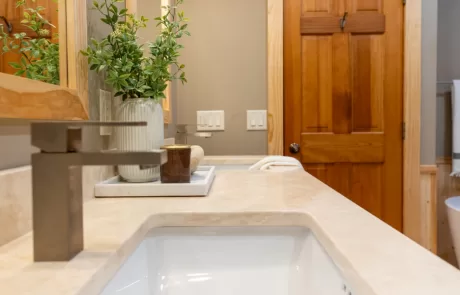Bathroom sink with a modern faucet on a marble countertop. A potted plant and soap dish are placed next to the sink. Wooden door and a towel hanger are visible in the background.